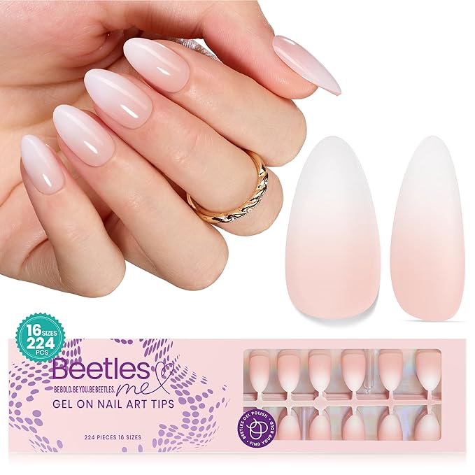 Beetles Ombre Short Almond Press on Nails 224 Pcs Gel Nail Tips, Peach Press ons Pre-applied Primer & Base Coat Glue on Nail Tips, No Need to File Fake Nails DIY Nails Gifts for Women