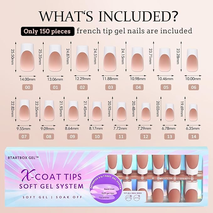 BTArtboxnails XCOATTIPS French Tip Nails, 150pcs Long Square Brown Press on Nails, Gel Nails for DIY Nail Art