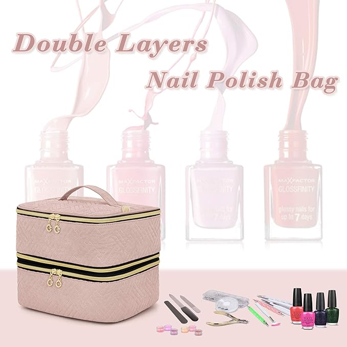 LUXJA Detachable 2 Layers Nail Polish Organizer - Hold 60 Bottles (15ml - 0.5 fl.oz), Nail Polish Case with Tools Storage Pockets (Patented Design), Pale Rose