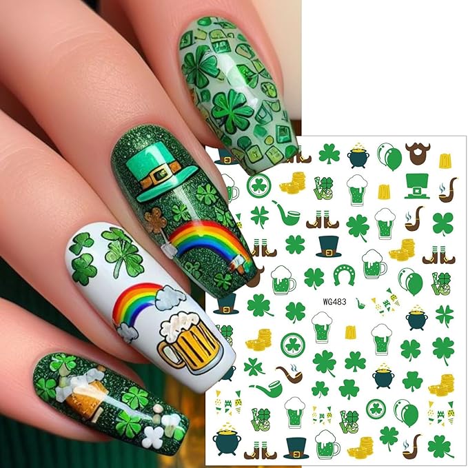 6 Sheets St. Patrick's Day Nail Art Stickers 3D Self-Adhesive Hats, Balloons, Horseshoes, Clover Nail Decals Lucky St Patricks Day Nail Stickers Gold Coins Flower Shamrocks Nail Art Decals for Women