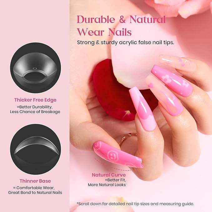 Beetles Gel Nail Tips Upgraded 15 Sizes Long Coffin Nail Tips 630Pcs Pre-Shaped Clear Full Cover False Nails Easy Nail Extension for Gel Polish Gift for Women