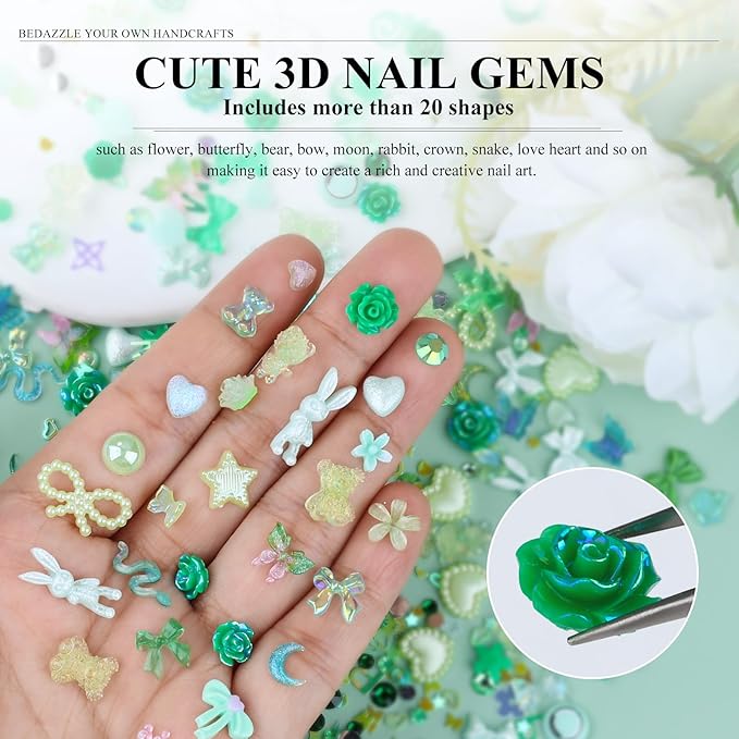 100 Pieces 3D Resin Butterfly Bear Nail Charms Rose Flower Peach Skirt Bow Deer Snake Rabbit Animal Shaped Nail Art Rhinestones Pearls for DIY Nail Art Decoration Making Craft (Green)