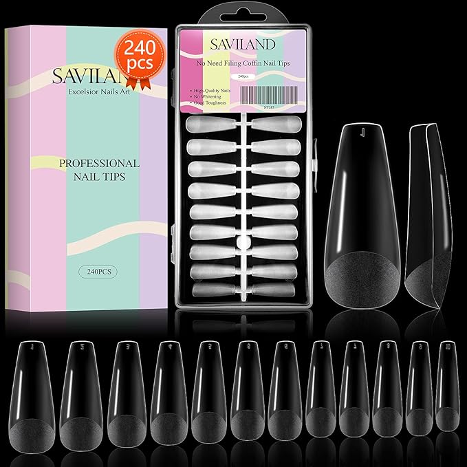 Saviland Matte Coffin Nail Tip – 240PCS No Need to File Acrylic Nail Tips Professional French Tips for Nail Extension Full/Half Cover Dual Use Matte Texture Press on Nails Pre-Shape 10 Sizes Salon DIY