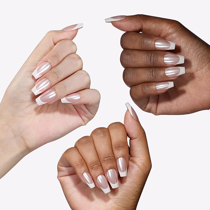 16 Sizes Coffin Press on Nails French Tip Chrome Reusable 32pcs Glossy Gel Fake Nails with Glue and Jelly Stickers (Glazed French)
