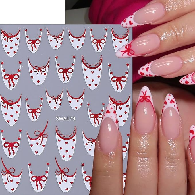 6 Sheets French Tip Nail Sticker for Nails Art Valentines Nail Art Stickers Black White Red French Tip Bow Designs 3D Self-Adhesive Cute Nail Decals for Women Manicure Decorations Supplies