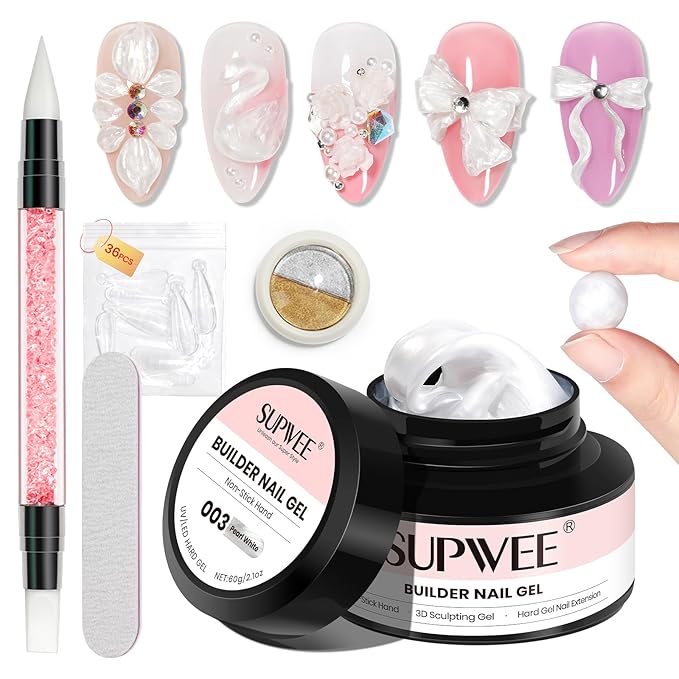 3D Sculpting Gel for Nail Art, 60g Large Capacity Pearl White Hard Solid Builder Gel for Nails Art Non-Sticky Hand for Carving Extension with Chrome Powder Home DIY Manicure