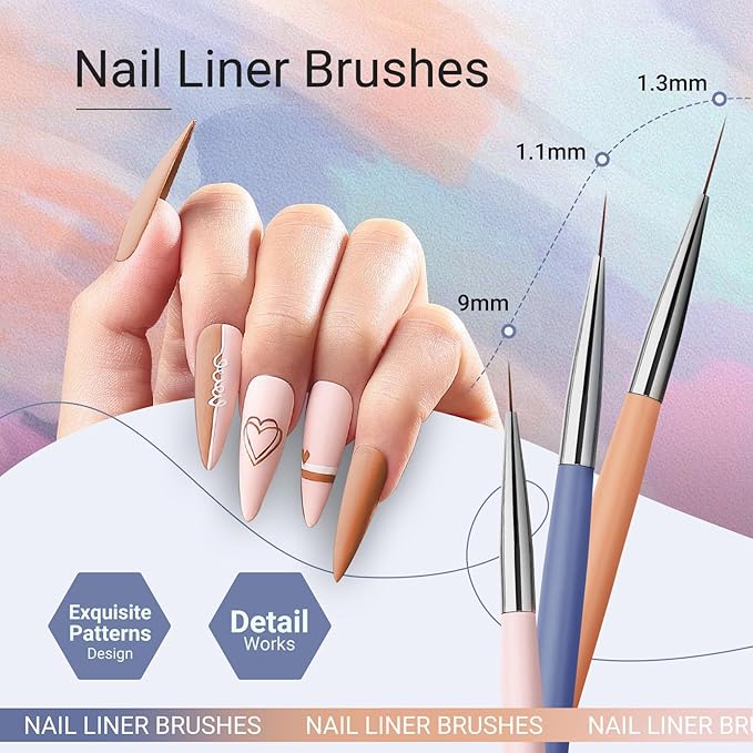 AIRSEE Gel Polish Nail Art Brushes set, 7PCS Nail Art Design Tools with Nail Liner Carved French Dotting Pen Clean Up Brush, DIY Manicure Tools Gift for Women