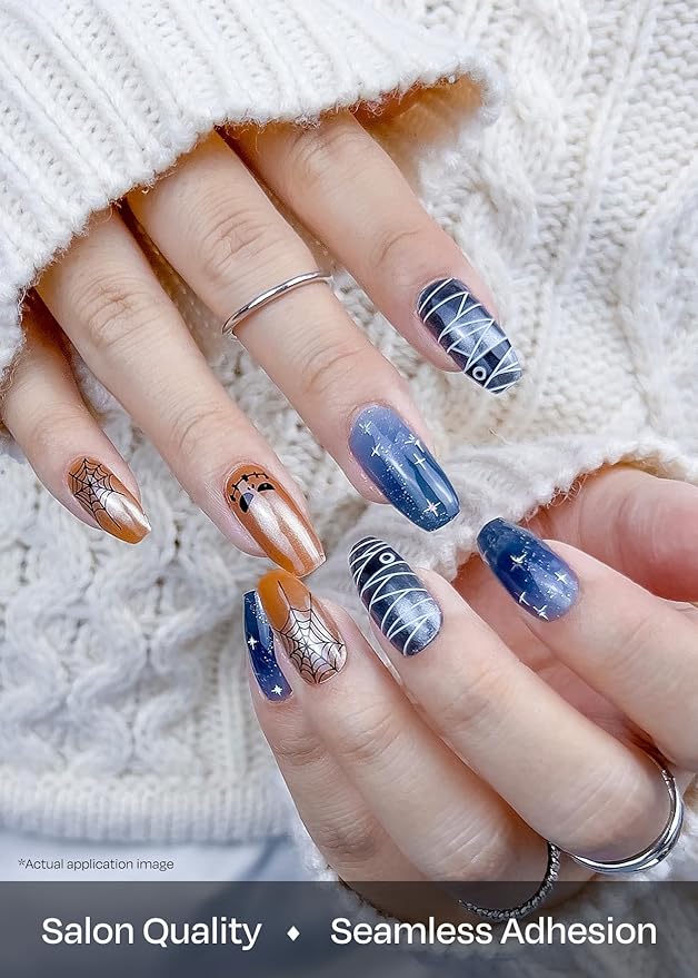 ohora Semi Cured Gel Nail Strips (N Spooky Pop) - Works with Any Lamps, Salon-Quality, Long Lasting, Easy to Apply & Remove - Includes 2 Prep Pads, Nail File & Wooden Stick