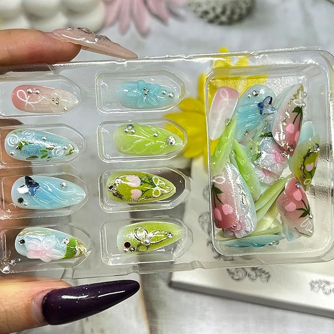 3D Flower Press on Nails Short Almond Fake Nails with Rhinestones Pearls Butterfly Bow Designs Spring False Nail Acrylic Artificial Fingernails Summer Stick on Nail for Women 30Pcs