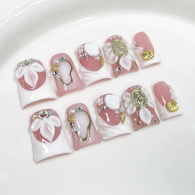 Handmade Press on Nails Medium Duck Fake Nails White French Tip Acrylic False Nails with 3D Flower Design Luxury Full Cover Stick on Nail for Women 10Pcs Manicure (Size M)