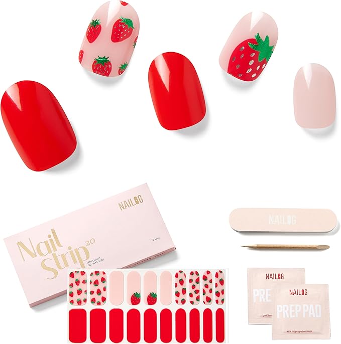 Semi Cured Gel Nail Strips - NAILOG 20 Pcs Red Strawberry Nail Stickers Extra Long Wraps with Glossy Gel Finishing for Spring, Strawberry Sorbet