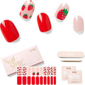 Semi Cured Gel Nail Strips - NAILOG 20 Pcs Red Strawberry Nail Stickers Extra Long Wraps with Glossy Gel Finishing for Spring, Strawberry Sorbet