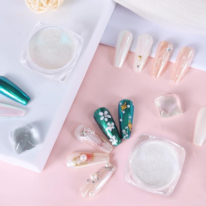 Allstarry White Pearl Chrome Nail Powder, 2 Colors Aurora Powder Metallic Mirror Effect Glitter Pearlescent Ice Transparent Mermaid Pigment Dust for Gel Polish Nail Art- White Pearl Peacock
