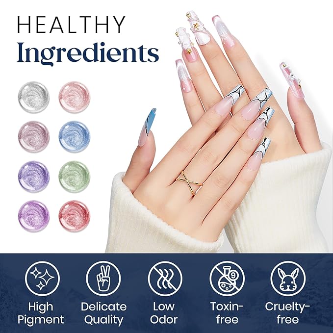 MIZHSE Cat Eye Gel Nail Polish, 8 Colors Velvet Magnetic Gel Polish Kit with Magnet Stick, Holographic Glitter Smoothie Winter Colors Silver Purple Pink Soak Off Nail Art Salon Home Manicure Gift