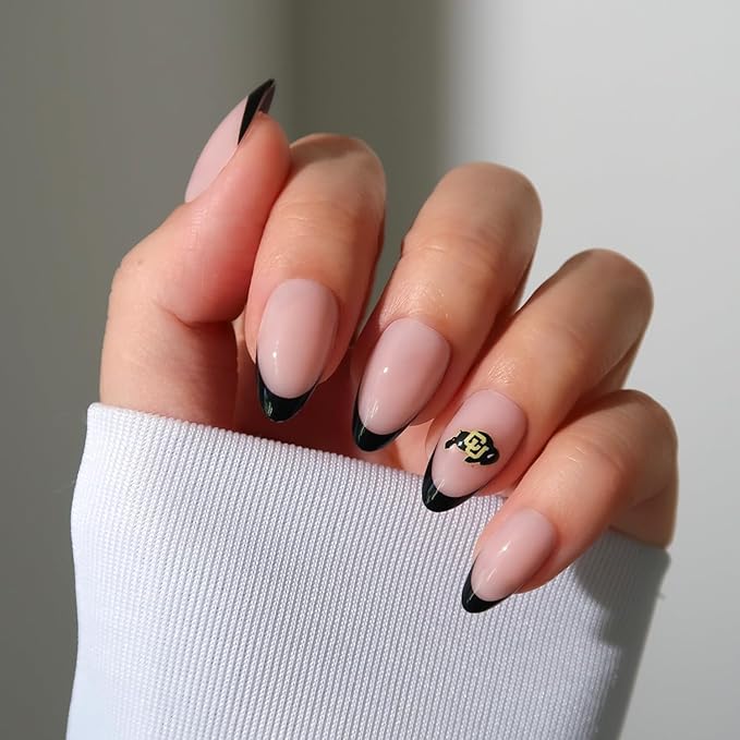 Glamnetic x Fanatics Press On Nails - Colorado Buffaloes | Short Almond Fake Nails, Collegiate Buffaloes Black French Tips, College Nails, Salon-Quality | 15 Sizes - 30 Nail Kit with Glue