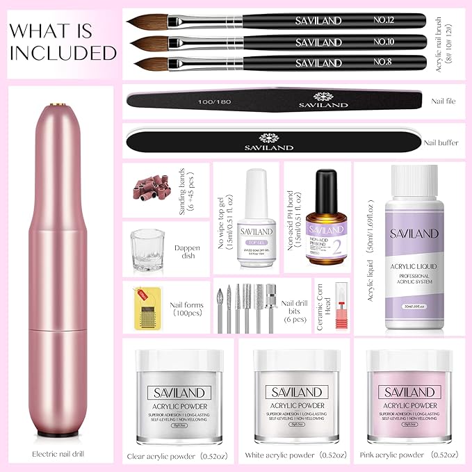 SAVILAND Acrylic Nail Kit with Drill: 3 Colors Acrylic Powder, Nail Liquid, 20,000 RPM Electric Nail File, Brushes & All Essential Tools, Nail Kit for Beginners with Everything for DIY Extension