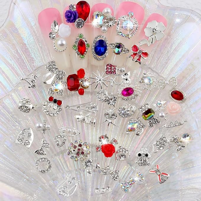 50pcs 3D Nail Charms for Acrylic Nails, Mix Styles Silver Rhinestones for Nails Metal Nail Jewels for Nail Art Charms for Nails Design Alloy Zircon Nail Rhinestones Pearl Nail Gems Women Nail Supplies