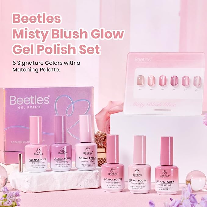 Beetles Misty Blush Glow Pink Cat Eye Gel Nail Polish Set - 6 Colors 15ML Glitter Pink Spring Cat Eye Gel Polish Kit Magnetic Effect Soak Off UV Nail Art DIY Manicure Gift for Women