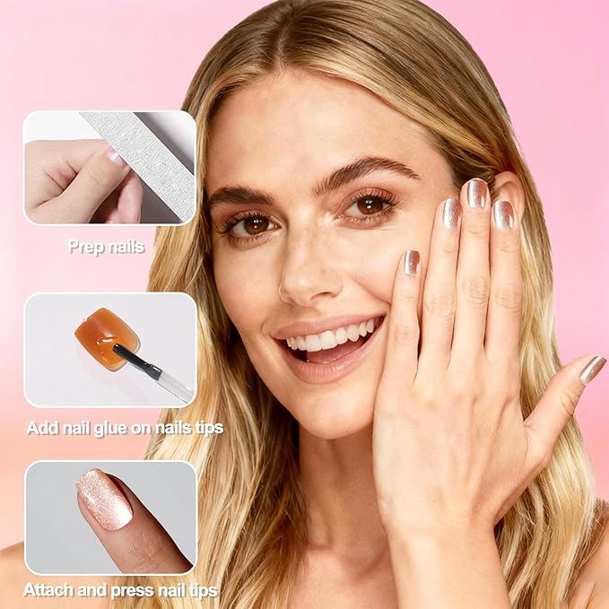 Allstarry Cat Eye Press on Nails, 15 Full Sizes Range Brown Cat Eye Nails Press Ons 4 Colors Cateye Presson Nail for Women 120pcs Glossy Short Square Fake Nail Tips Stick DIY Salon