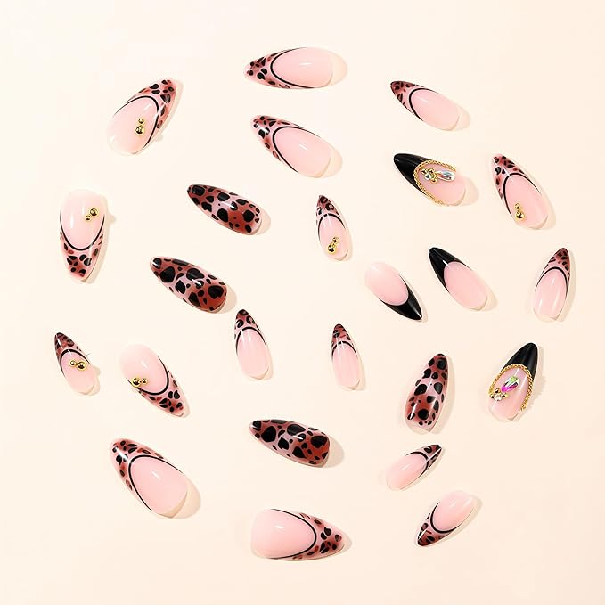 French Tip Leopard Print Press on Nails Medium Almond False Nails with Gold Design Fake Nails Black French Tips Glossy Artificial Nails Gold Beads Full Cover Stick on Nail for Women Manicure 24Pcs