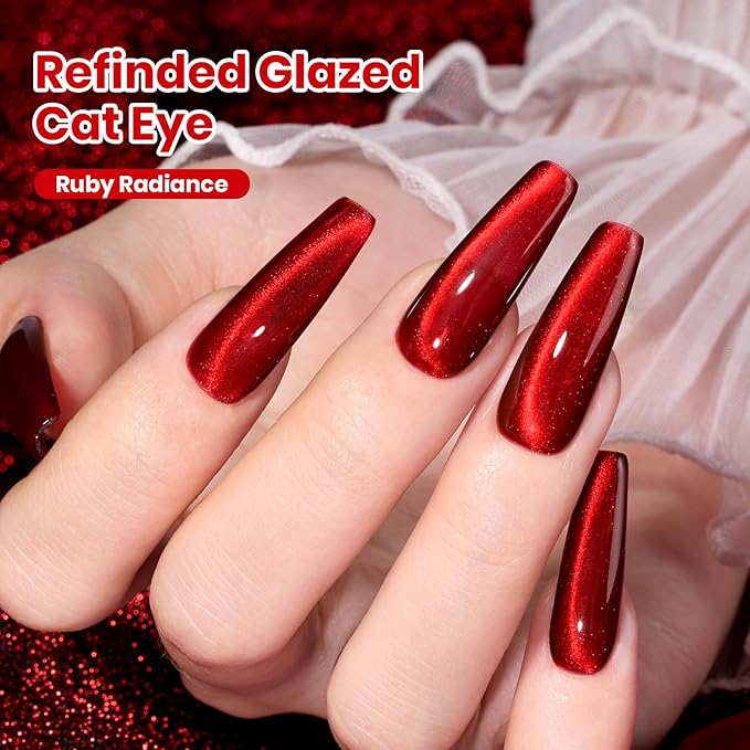 Beetles Stay Shining Ruby Radiance Red Cat Eye Gel Nail Polish - 15ML Red Cat Eye Glitter Gel Polish Magnetic Shimmer Effect Soak Off UV Design Salon DIY Manicure Gifts for Women