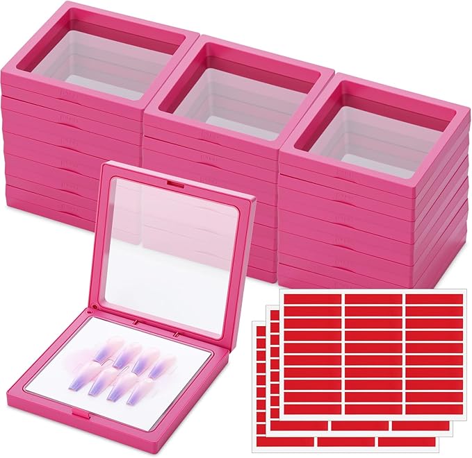 meekoo 30 Pcs Press on Nail Packaging Box with 90 Pcs Adhesive Double Sided Tape Artificial Nail Display Case Storage Container Box Acrylic Packaging Organizer for Home Salon Art (Rose Red)