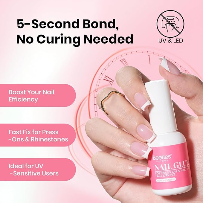 Beetles Super Strong Nail Glue for Press On Nails, Nail Tips, Acrylic Nails, 18ML Hema Free No Uv Light Needed Nail Bond Brush in Nail Glue for Press Ons, Fake Nails, Long Lasting for Beginners
