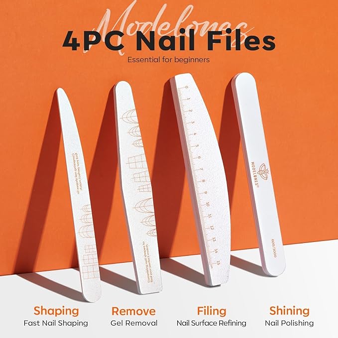 Modelones Nail Files and Nail Buffers Blocks 4 PCS, Double Side Trimed & Shaped Emery Board 100/150/180 Grits 600/3000 Nail Shine Polishing Stick, Reusable Washable Anti-bend Anti-drop Particles White