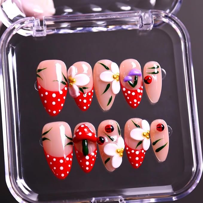 Easter Press on Nails Handmade Medium Length Almond Fake Nails, Spring 3D mushroom Rabbit False Nails Salon Nail Tips,10 Pcs Reusable Artificial Nails(Size M)