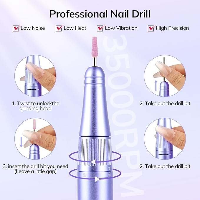 Lavinda Professional Nail Drill 35000 RPM, Cordless Electric Nail File Efile for Acrylic and Gel Nails, Manicure Pedicure Polishing Tool for Salon and Home Use (Purple)