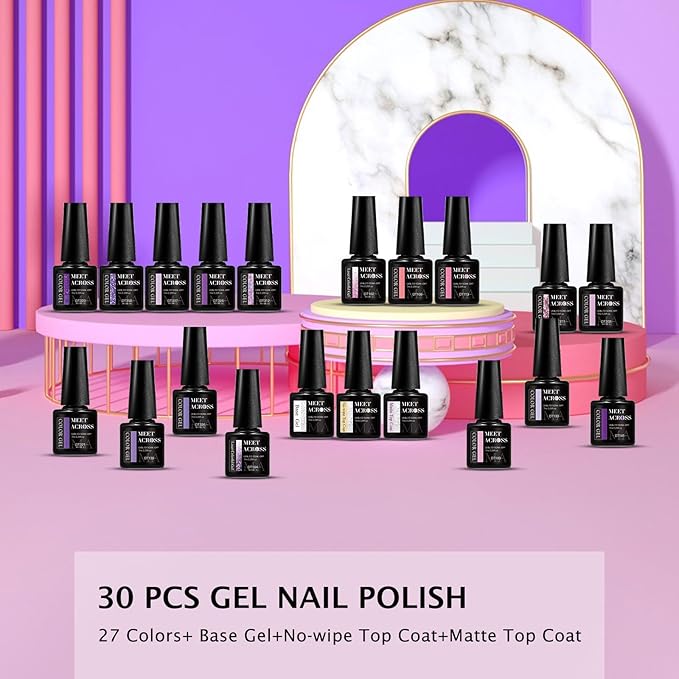 MEET ACROSS Gel Nail Polish Set,Gel Nail Kit Art Design Soak Off UV LED,Nail Art Design Gifts for Women (Set-8, 30PCS)