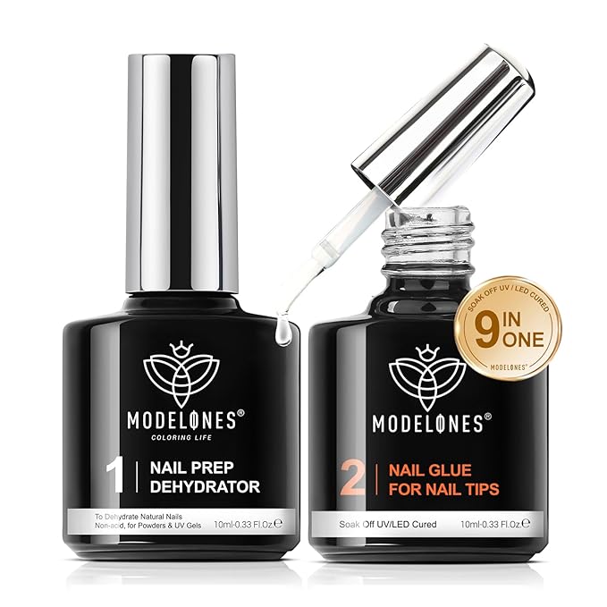 modelones 9 in One Gel Nail Glue Prep Dehydrator for Acrylic Nails Tips/Bloom Gel/Adhesive Bond, Long Lasting Curing Needed