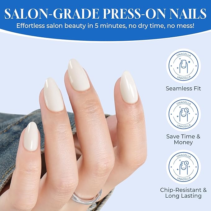UNA GELLA White Press On Nails: Short Almond Soft Gel Press Ons Short Kit with Nail Glue on Nails, 16 Sizes - 32 Reusable Fake Nails Kit, Sheer Nude