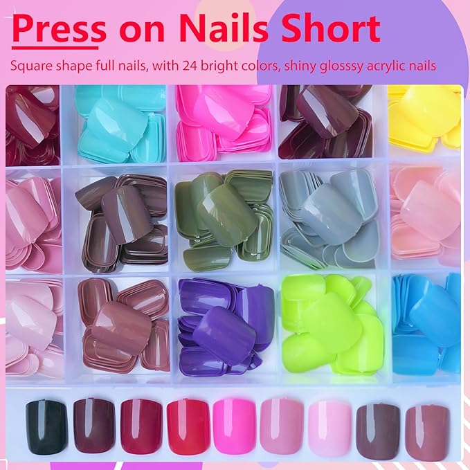 AddFavor 576pcs Press on Nails Short Square Fake Nails - Glossy Full Cover Acrylic Artificial False Nail Tips 12 Sizes for Women Girls 24 Colors Short Press on Nails Square Shape