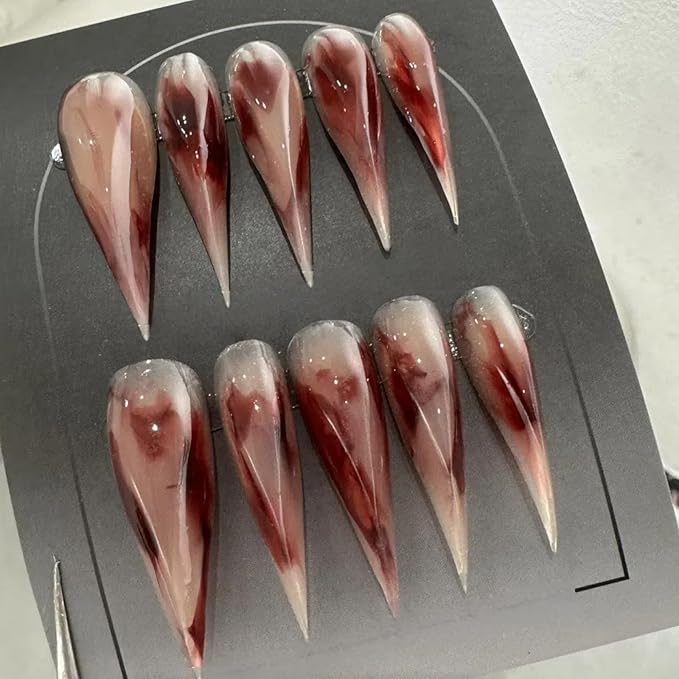 Halloween Claw Press on Nails Long Stiletto Fake Nails Dark Red Gothic Design Stick on Nails Horror Vampire False Nails Reusable Full Cover Acrylic Glue on Nail for Women Nail