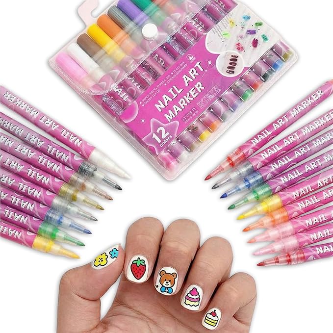 12 Colors Nail Art Pens Set, Fine Tip Nail Art Markers For 3D Drawing, Quick Dry Nail Polish Pens Kit For Women Girls DIY Manicure Nail Art Tools (0.7 mm)