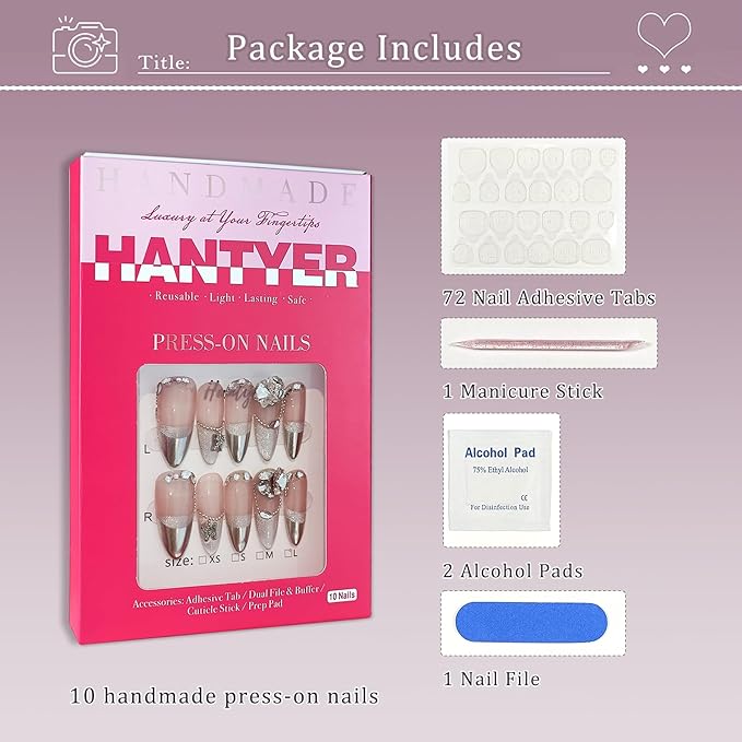 French Silver-Tip Press on Nails with Tools Kit, Long Stiletto Glossy Nails in Nude, False Nails with 3D Crystal Vintage Design, Reusable Nails in Old Hollywood Glam for Women(Size M)