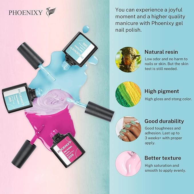 phoenixy 24 PCS Gel Nail Polish Set, 21 Colors Soak Off Gel Nail Kit Nude Pink Red Blue Green Yellow Orange Nail Polish Set with Base Gloss Matte Top Coat Nail Kit Gifts for Women