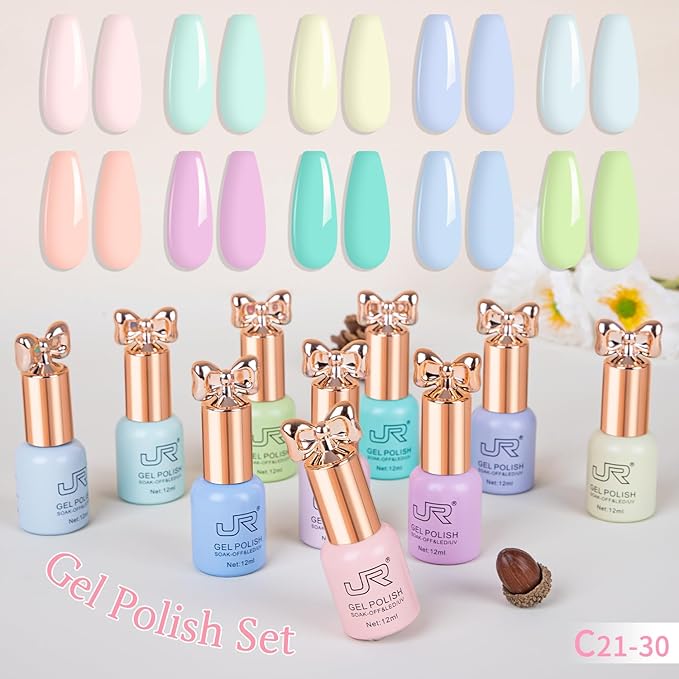 JR 10pcs 12ml HEMA Free Gel Nail Polish Set Including Red Pink Nude Gel Polish Kit UV LED Soak Off Polish Home DIY Gift C Model