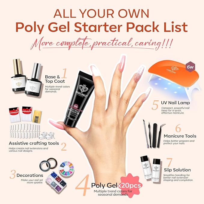 Modelones Poly Gel Nail Kit with Lamp - 20 Color Complete Extension Starter Kit - Nude Pink Glitter Red with Nail Art Tools and Gifts for Women