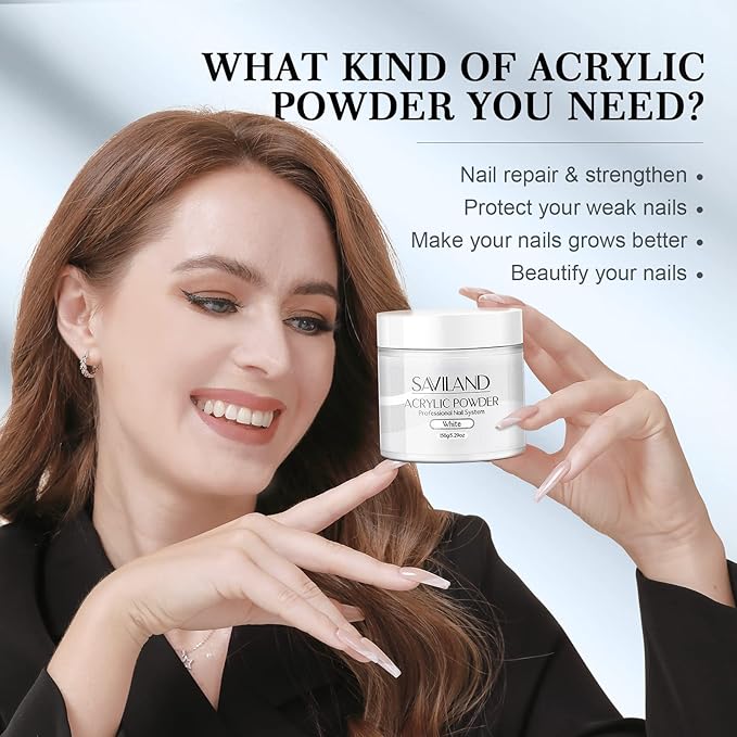 SAVILAND 5.29OZ White Acrylic Powder: Large Capacity Professional Bubble-Free Acrylic Nail Powder Chip-Resistant for Carving Extension French Manicure DIY at Home No Nail Lamp Needed