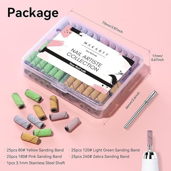 Makartt Nail Drill Bits Sanding Bands - for Nail Drill 100 PCS 4 Color Coarse Fine 80/120/180/240 Grit File Sand with 3.1mm Mini Mandrel Nail Bit Set for Acrylic Nails Gel Manicures and Pedicure