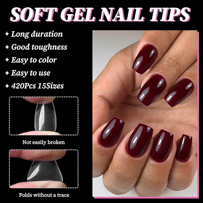 300pc Short Coffin Gel Nail Tips Clear Fake Nail, Clear Press on Nails Short Coffin Soft Gel Nail Tips Ballerina Acrylic Nails Full Cover False Nail Artificial Fingernail for Nail Extensions 15 Sizes