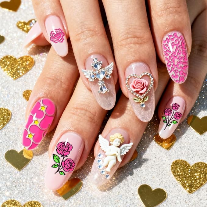 PH PandaHall 3pcs Love Heart Nail Stamping Templates Rose Flower Nail Art Templates Valentine's Day Stencils Angel Stainless Steel Image Plates Tool for Women Print Manicures Salon Design