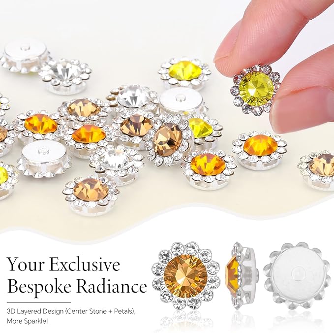 200 Pcs 12MM Sew on Rhinestones Mixed Colors Crystal Glass Metal Base Flower Shape, Flatback Rhinestones for Crafting, Sewing Accessories for Clothes and Shoes (Yellow)