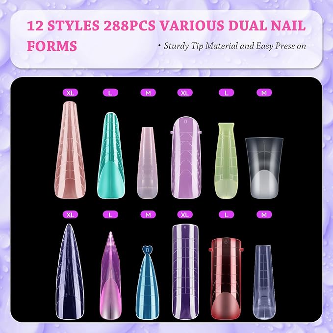 288pcs Long Mixed Dual Nail Forms Clear Multicolor Full Cover Nail Art Mold with Scale for Polygel Extension Beginners DIY Manicure 12 Styles Long Duck Stiletto Square Almond Mixed Nail Forms