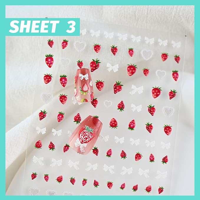 Strawberry Lace Nail Art Stickers 3D Embossed Nail Decals for Nail Art Design Self-Adhesive Nail Accessories for Women Nail Art Supplies 3 Sheets