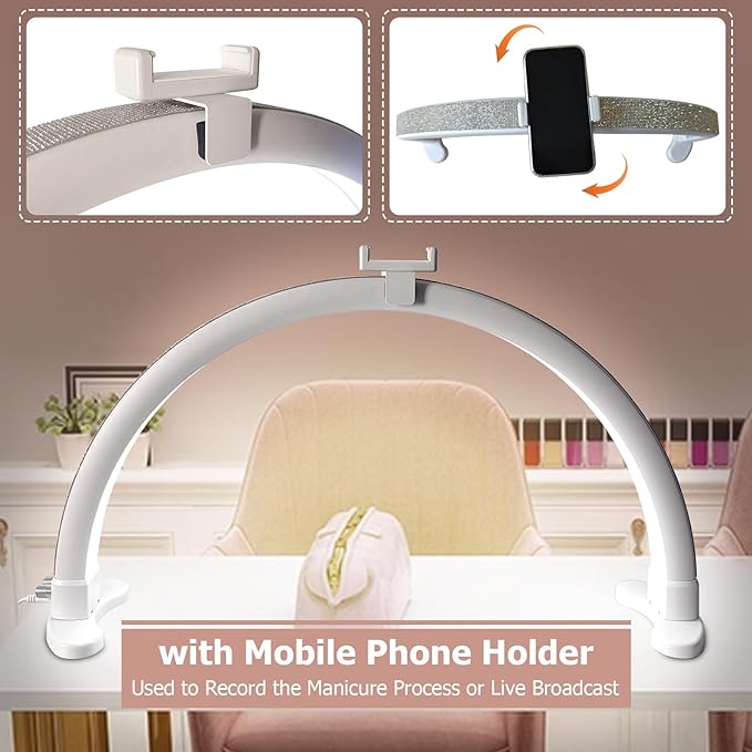 Half Moon Light for Nail Desk with Phone Holder, Adjustable Brightness 2700K-6000K, 45W Rhinestones Arch Light for Nail Techs