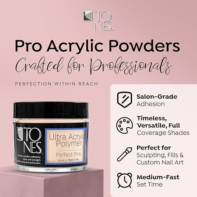 Tones Pro Acrylic Nail Powder, Perfect Pink (Soft Pastel Pink), (1.5 Fl Oz) - Long-Lasting & Non-Yellowing Polymer for Salon Quality Nail Extensions & 3D Art