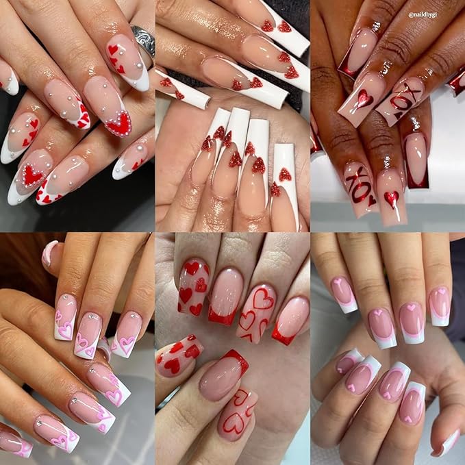 6 Sheets Valentines Nail Art Stickers Sparkling Heart Nail Decals 3D Self-Adhesive Red Heart English Letter Nail Designs French Lines Nails Stickers for Women Romantic Valentine's Holiday Nails Decor